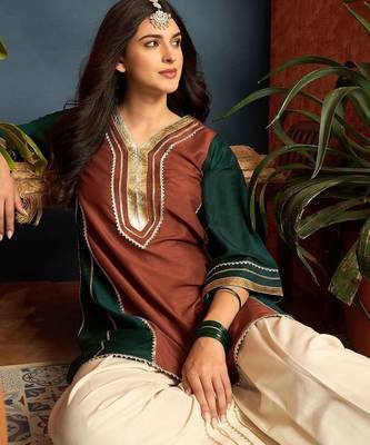 women silk blend  gota patti work high-low kurti with farshi salwar 2