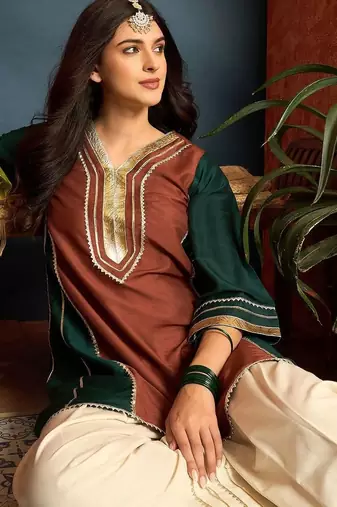 women silk blend  gota patti work high-low kurti with farshi salwar