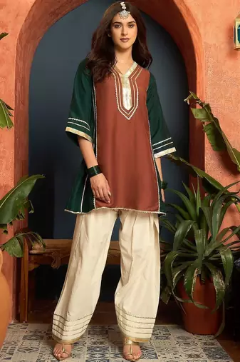 women silk blend  gota patti work high-low kurti with farshi salwar