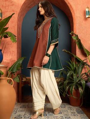 women silk blend  gota patti work high-low kurti with farshi salwar 4