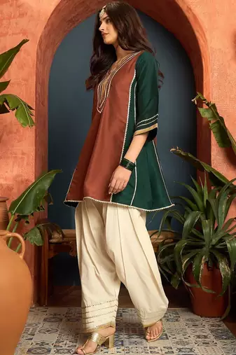 women silk blend  gota patti work high-low kurti with farshi salwar