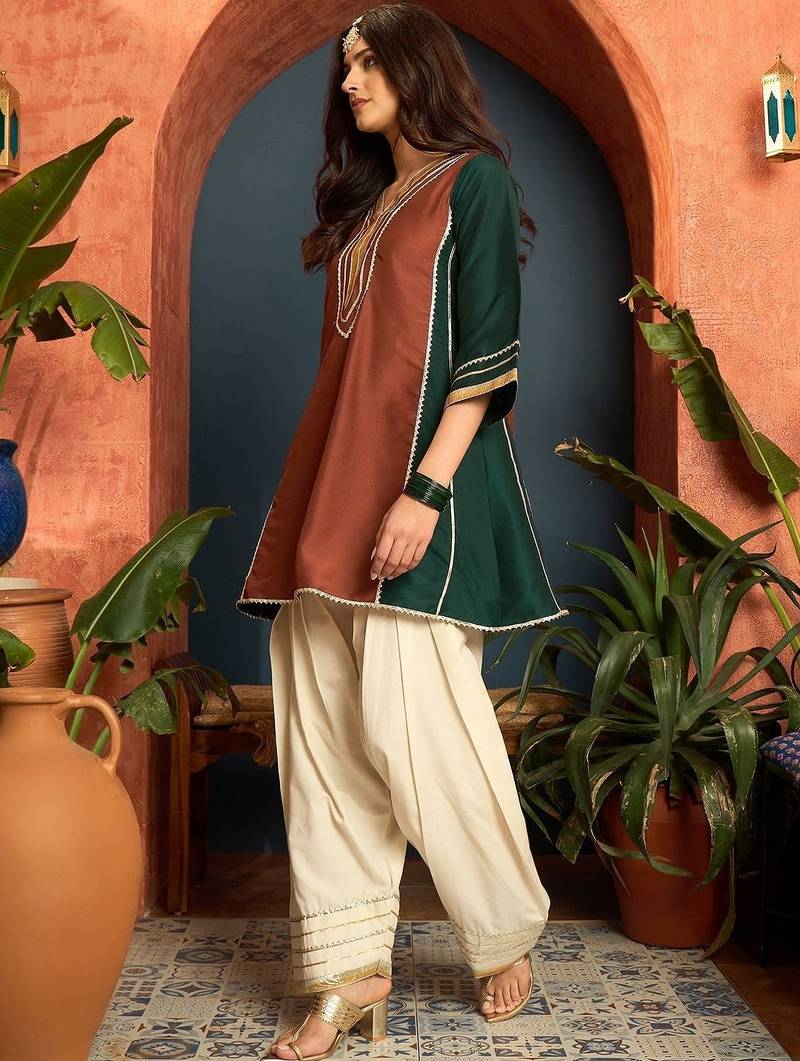 women silk blend  gota patti work high-low kurti with farshi salwar