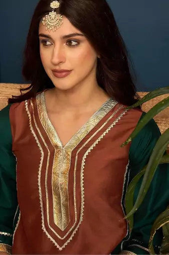 women silk blend  gota patti work high-low kurti with farshi salwar