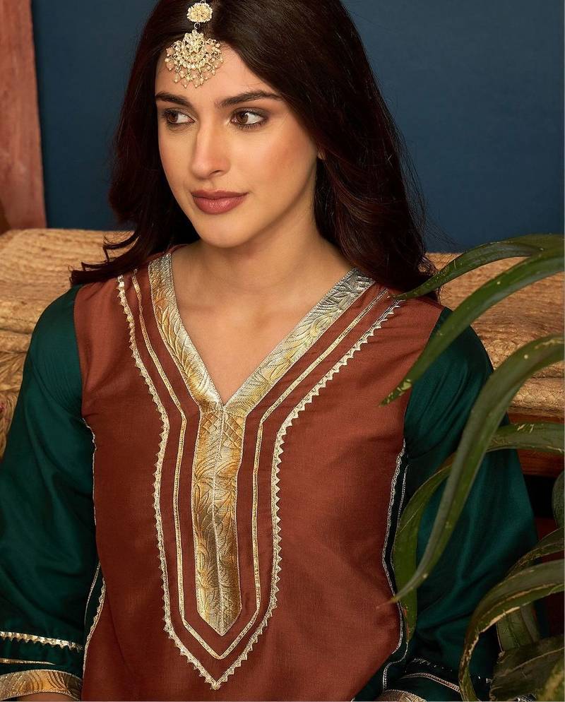 women silk blend  gota patti work high-low kurti with farshi salwar