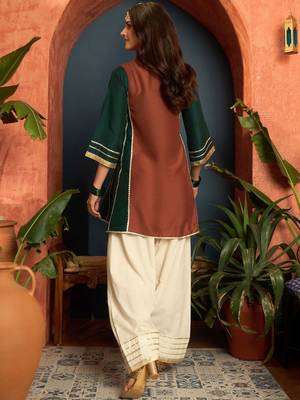 women silk blend  gota patti work high-low kurti with farshi salwar 6