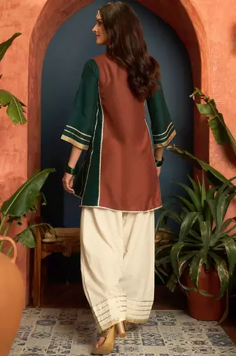 women silk blend  gota patti work high-low kurti with farshi salwar