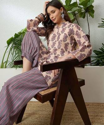women's linen floral print summer wear short kurti with farshi salwar set 1