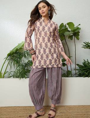 women's linen floral print summer wear short kurti with farshi salwar set 2