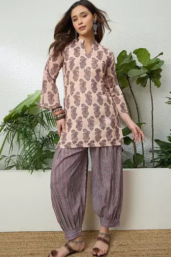 women's linen floral print summer wear short kurti with farshi salwar set