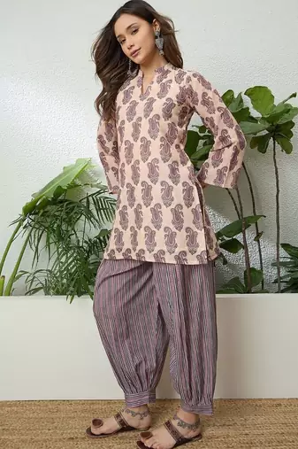 women's linen floral print summer wear short kurti with farshi salwar set