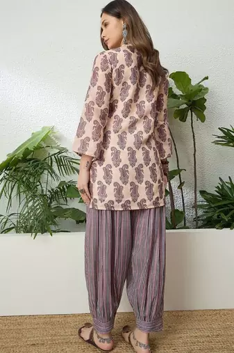 women's linen floral print summer wear short kurti with farshi salwar set