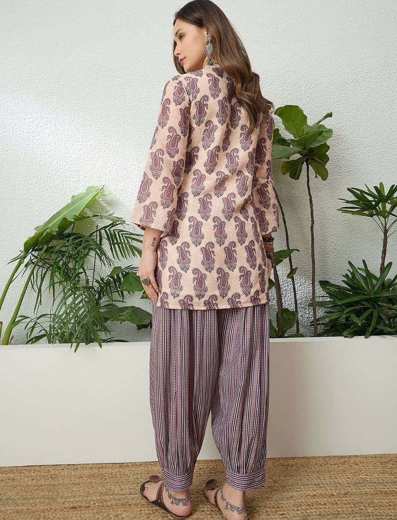 women's linen floral print summer wear short kurti with farshi salwar set