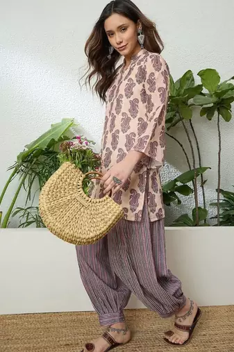 women's linen floral print summer wear short kurti with farshi salwar set
