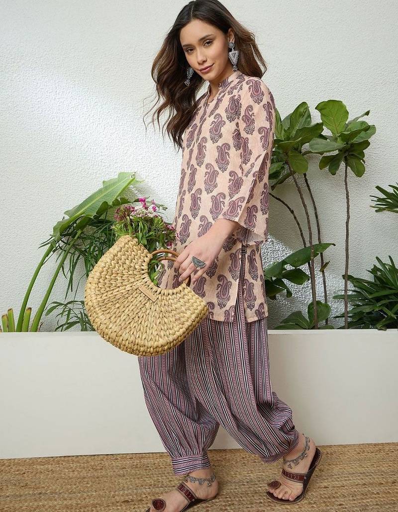 women's linen floral print summer wear short kurti with farshi salwar set