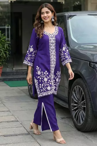 women ethnic motifs embroidered regular thread work kurta with palazzos