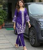 women ethnic motifs embroidered regular thread work kurta with palazzos