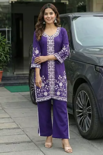 women ethnic motifs embroidered regular thread work kurta with palazzos