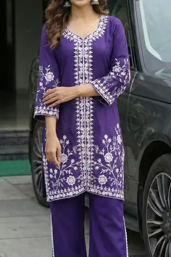 women ethnic motifs embroidered regular thread work kurta with palazzos