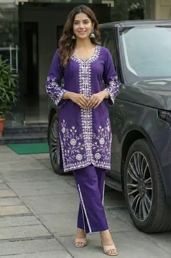 women ethnic motifs embroidered regular thread work kurta with palazzos