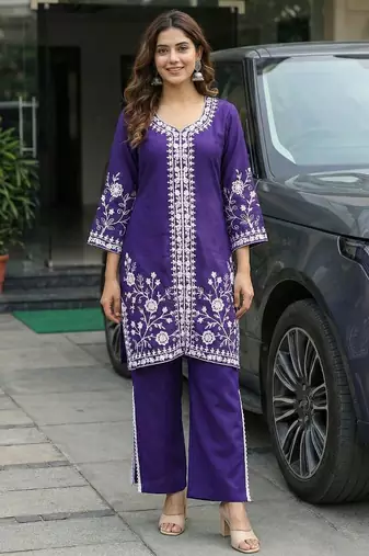 women ethnic motifs embroidered regular thread work kurta with palazzos