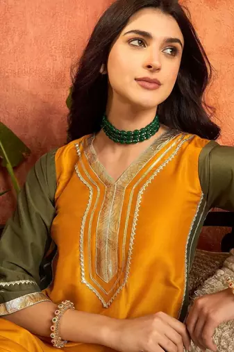women ethnic motifs embroidered regular gotta patti kurta with salwar