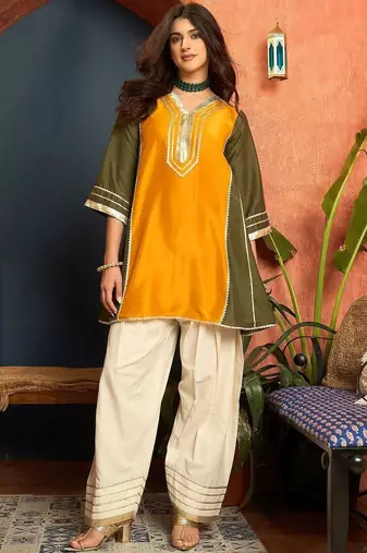 women ethnic motifs embroidered regular gotta patti kurta with salwar