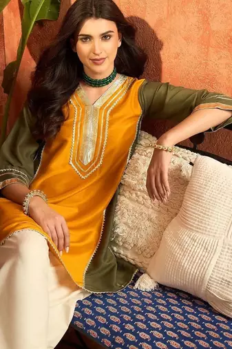women ethnic motifs embroidered regular gotta patti kurta with salwar