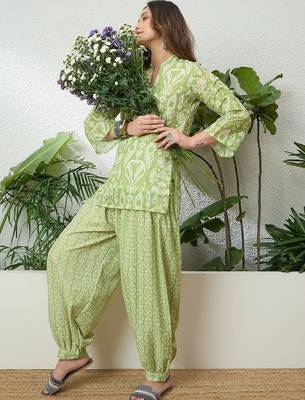 women's linen floral print summer wear short kurti with farshi salwar set 1