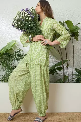 women's linen floral print summer wear short kurti with farshi salwar set