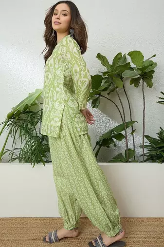women's linen floral print summer wear short kurti with farshi salwar set