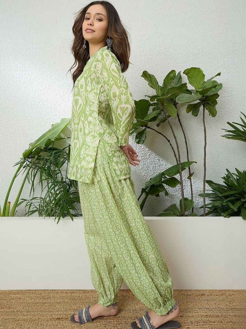 women's linen floral print summer wear short kurti with farshi salwar set