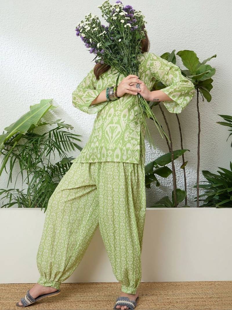 women's linen floral print summer wear short kurti with farshi salwar set