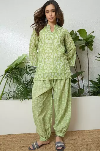 women's linen floral print summer wear short kurti with farshi salwar set