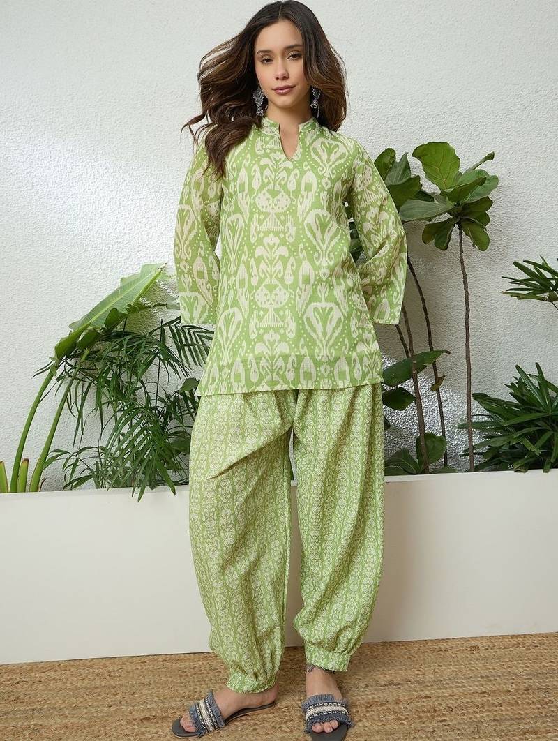 women's linen floral print summer wear short kurti with farshi salwar set