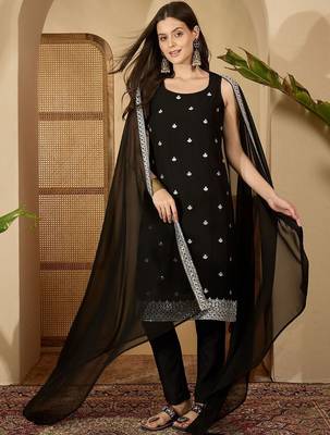 women ethnic motifs embroidered regular mirror work kurta with trousers & with dupatta 1