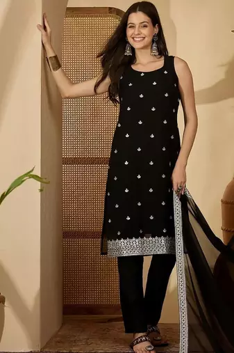 women ethnic motifs embroidered regular mirror work kurta with trousers & with dupatta