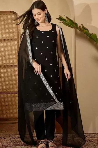 women ethnic motifs embroidered regular mirror work kurta with trousers & with dupatta