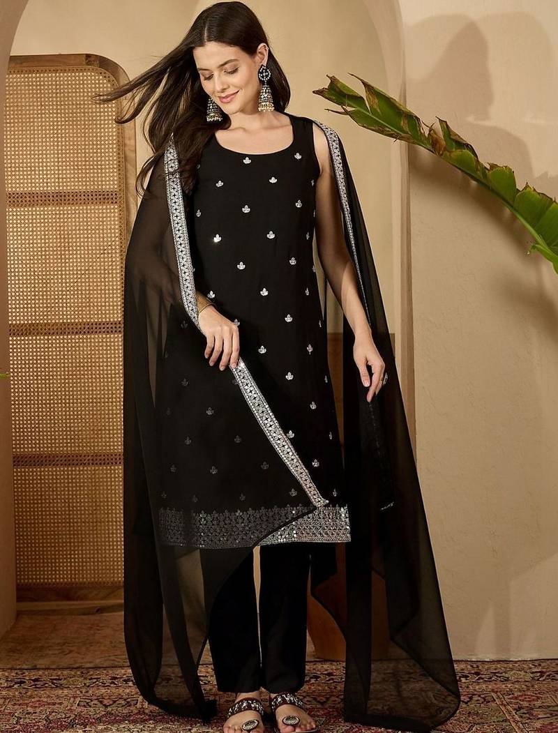 women ethnic motifs embroidered regular mirror work kurta with trousers & with dupatta