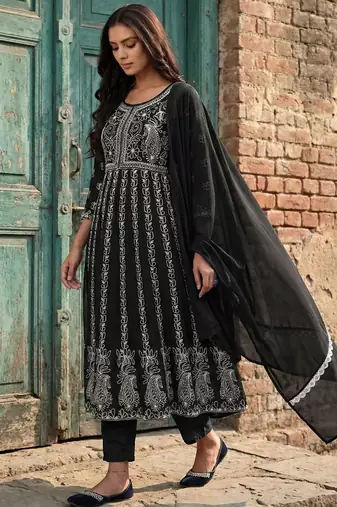 women ethnic motifs embroidered regular thread work kurta with trousers & with dupatta