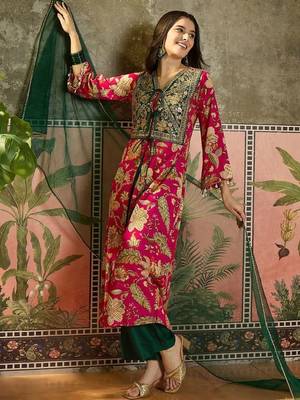 women floral printed layered mirror work kurta with palazzos & with dupatta 1