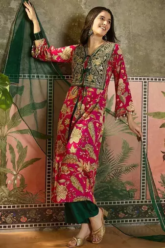 women floral printed layered mirror work kurta with palazzos & with dupatta