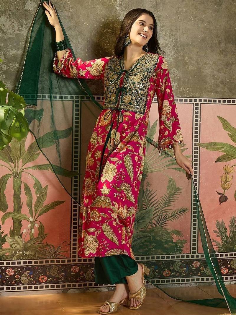 women floral printed layered mirror work kurta with palazzos & with dupatta