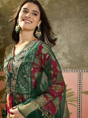 women floral printed layered mirror work kurta with palazzos & with dupatta 2