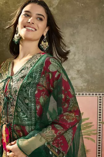 women floral printed layered mirror work kurta with palazzos & with dupatta