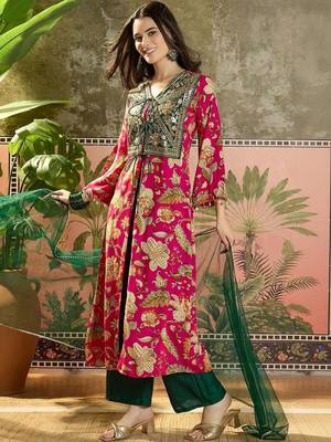 women floral printed layered mirror work kurta with palazzos & with dupatta 3