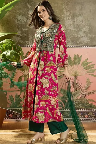 women floral printed layered mirror work kurta with palazzos & with dupatta
