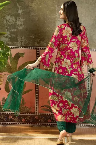 women floral printed layered mirror work kurta with palazzos & with dupatta