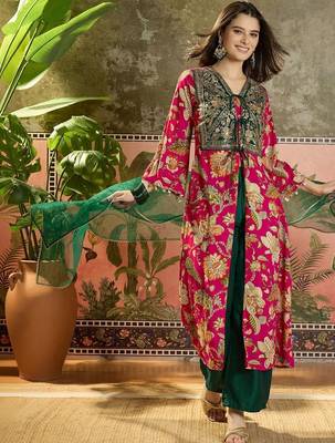 women floral printed layered mirror work kurta with palazzos & with dupatta 5