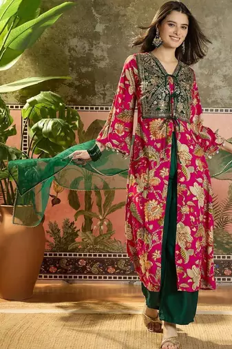 women floral printed layered mirror work kurta with palazzos & with dupatta
