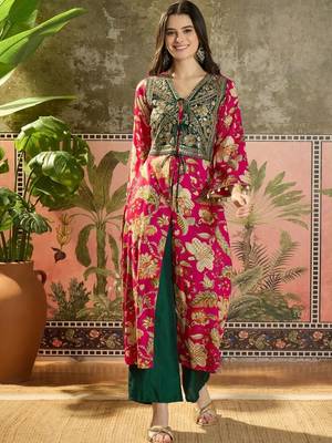women floral printed layered mirror work kurta with palazzos & with dupatta 6